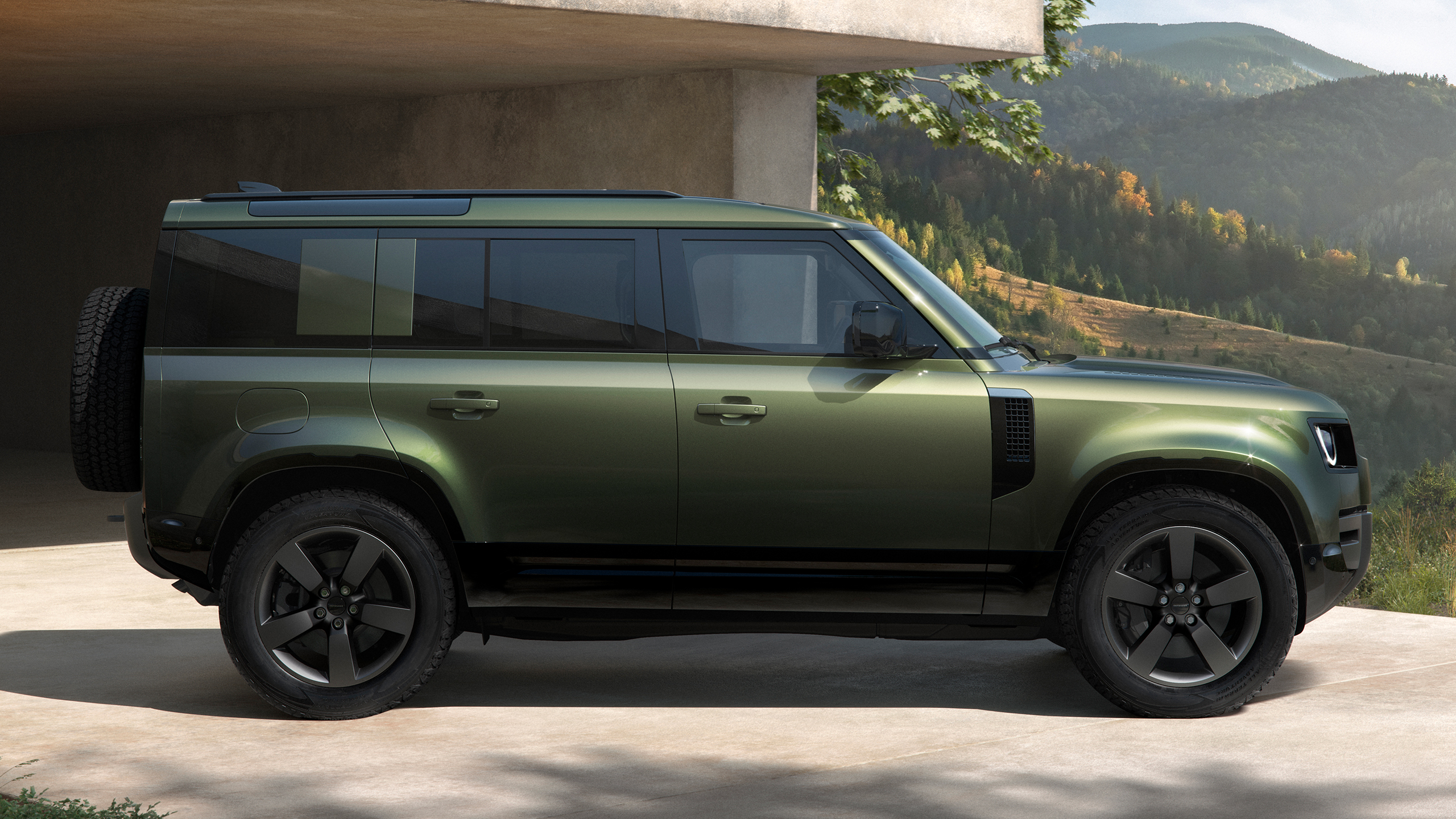 Side view of Defender parked